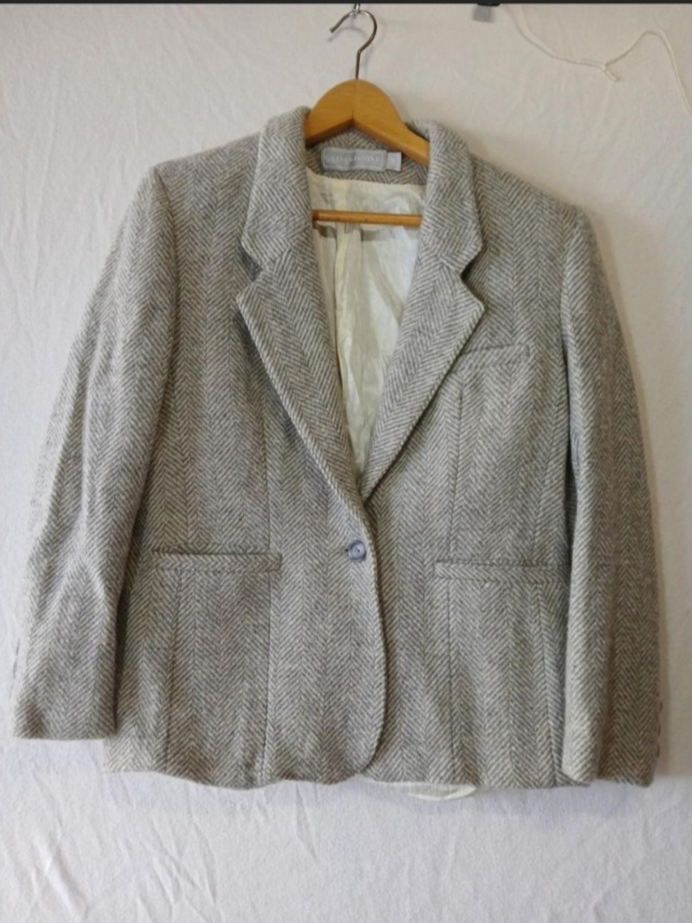 Vintage Evan Picone Gray White Herringbone Wool Blazer Button Up Pockets Sz 10